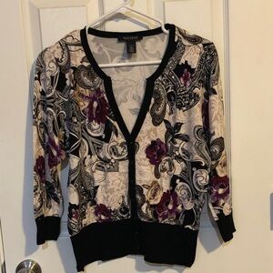 White House Black Market White, Cream and Purple Flower Patterned Cardigan